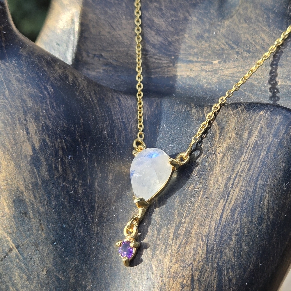 Moonstone & Amethyst Natural Gemstone Sterling & Gold 18" Necklace - Picture 7 of 13